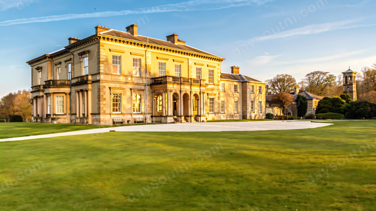 The honey-coloured Italianate mansion at Dundarave House with its columned portico and a bell tower to the right, seen across a wide green lawn under a blue sky