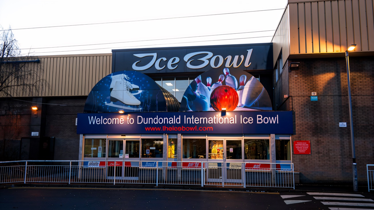 The welcoming front entrance of Dundonald International Ice Bowl, skate and bowl under one roof