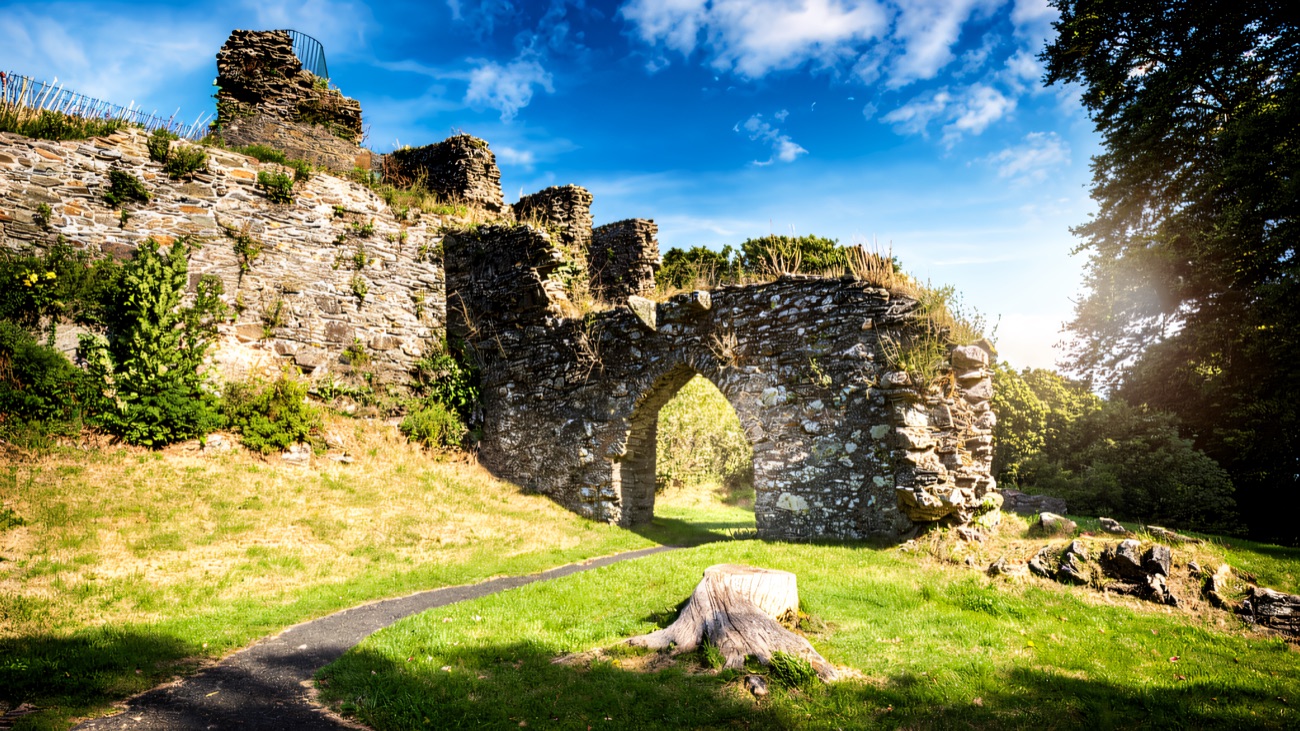 The ruined gatehouse arch and curtain wall at Dundrum Castle