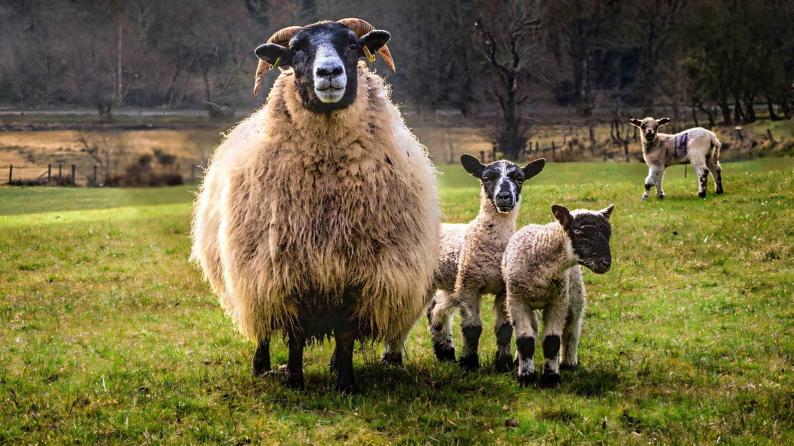 A horned Blackface hill ewe with two spring lambs standing in a green Glens field at Dunfin Farm