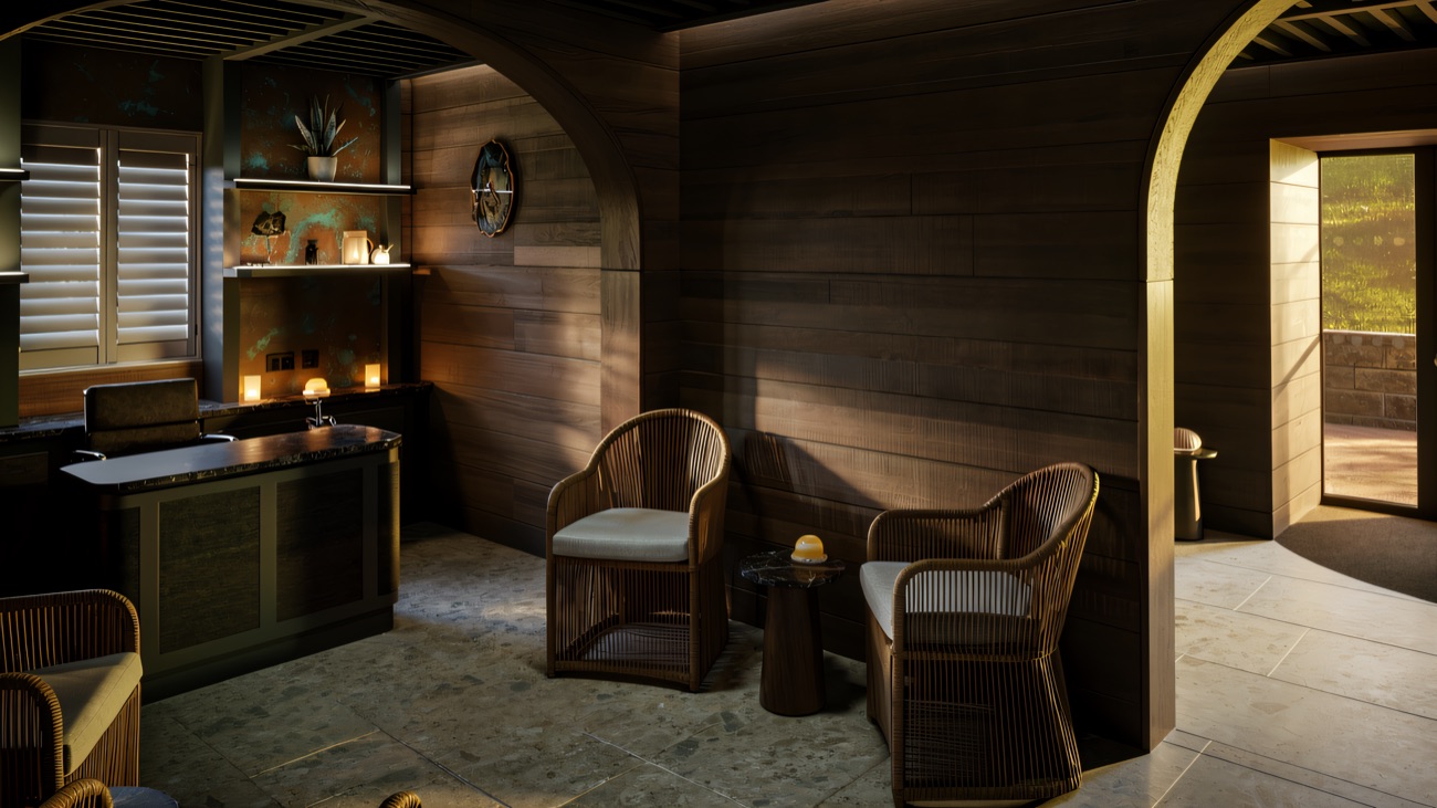 A warm, wood-lined relaxation nook with rattan chairs and an archway out to the grounds.