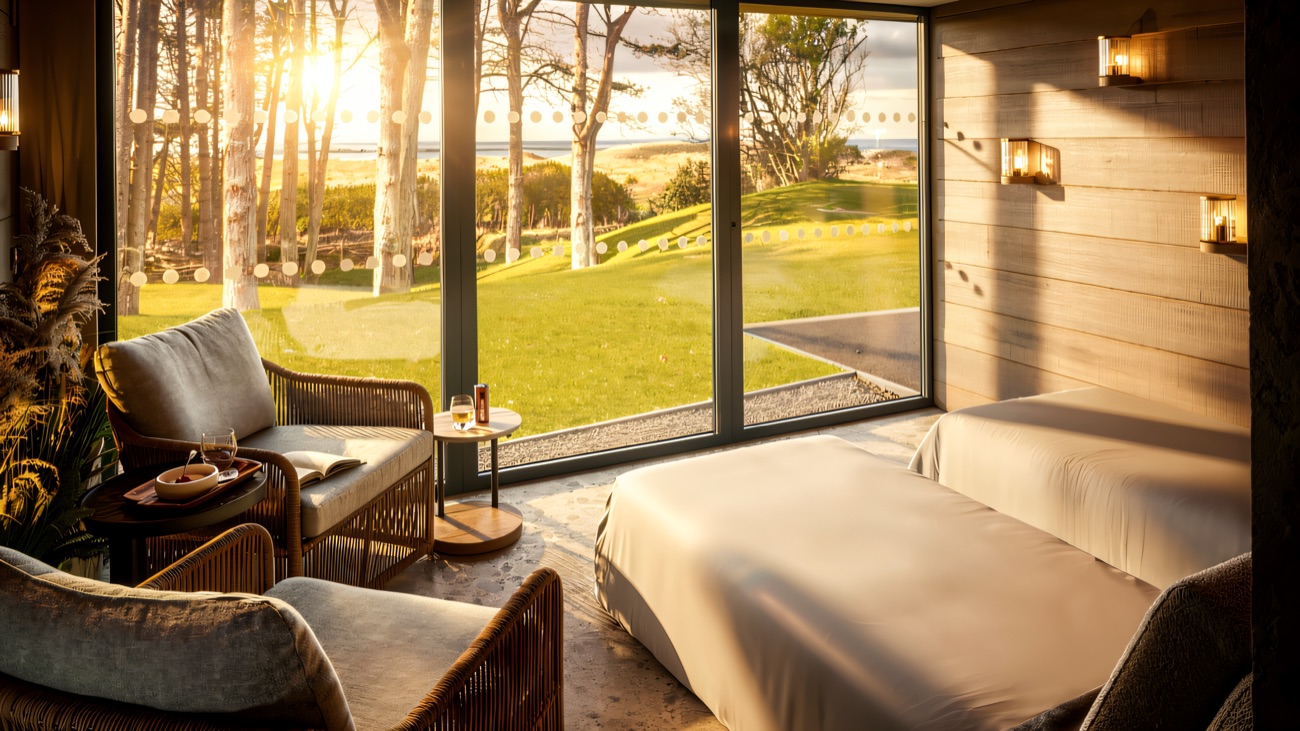 A relaxation lounger set before floor-to-ceiling glass, looking out over woodland to the sea.