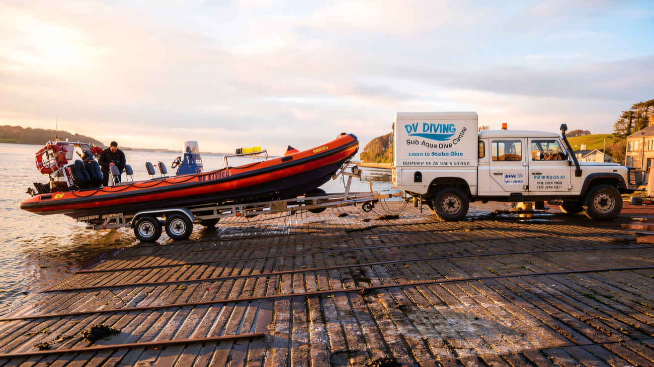 The DV Diving boat and dive-centre van on the slipway at the water's edge.