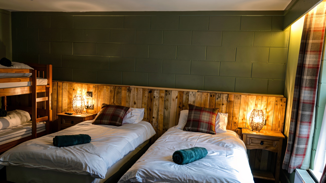 A bright twin bedroom in the lodge accommodation