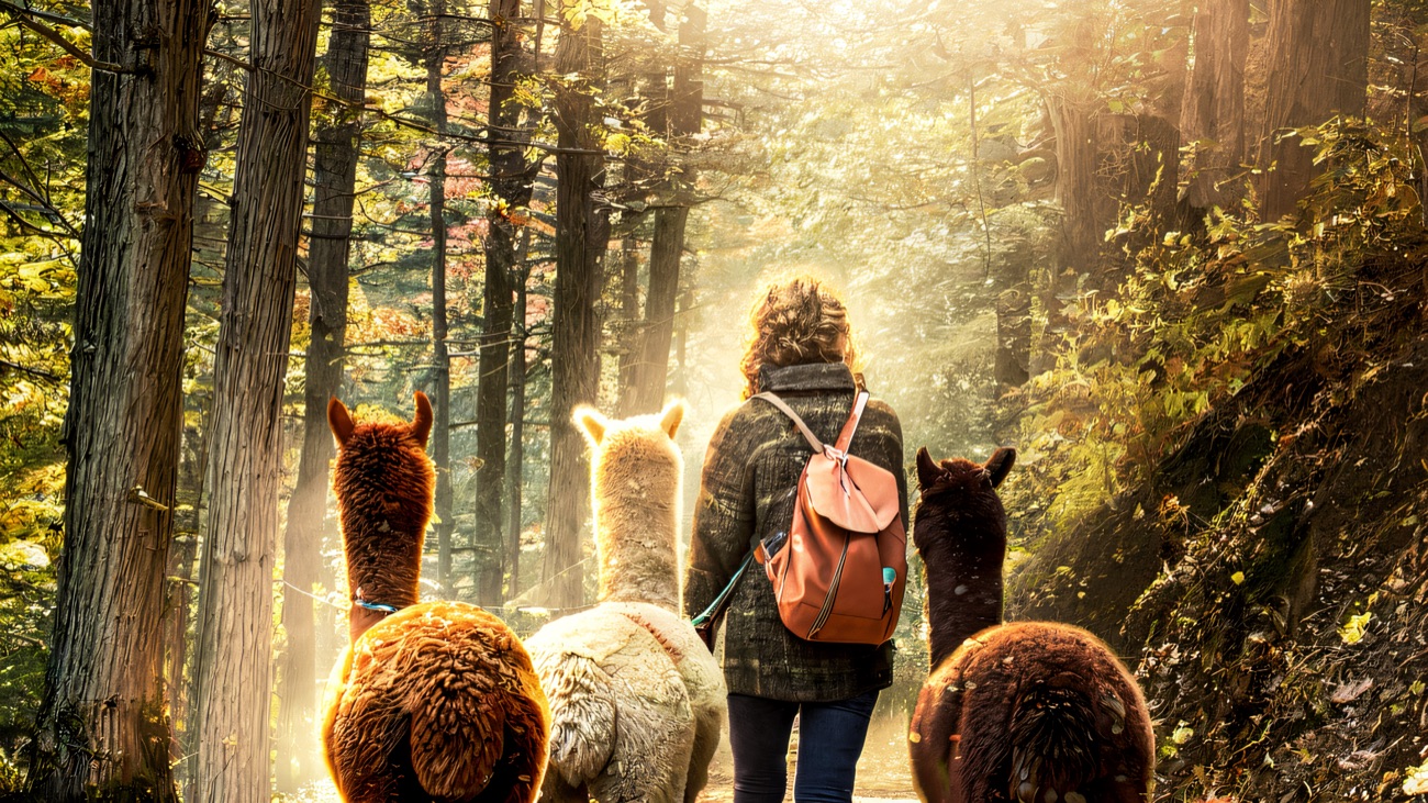 A walker seen from behind leading three alpacas along a woodland trail in autumn light