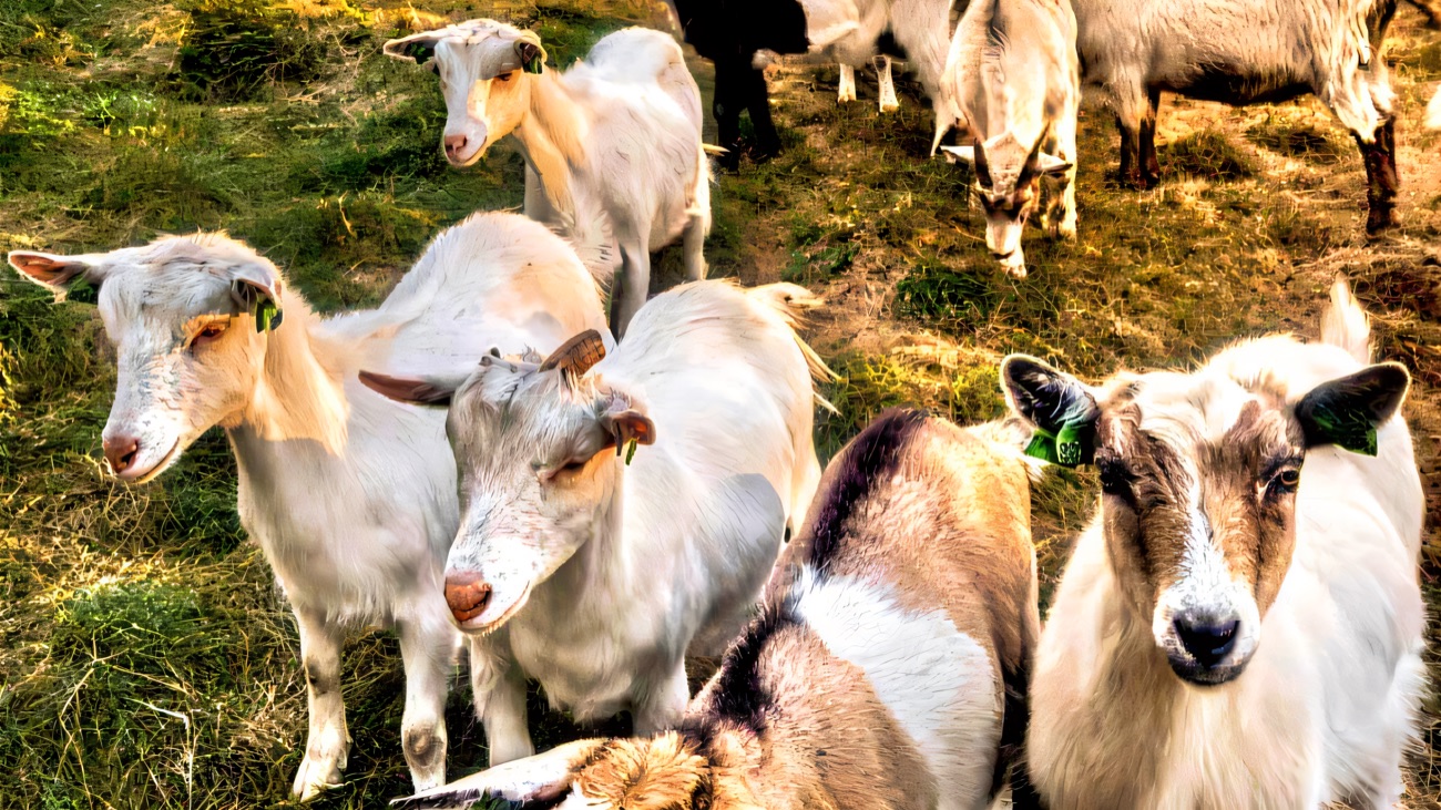 A friendly herd of goats gathered on a grassy slope on the farm