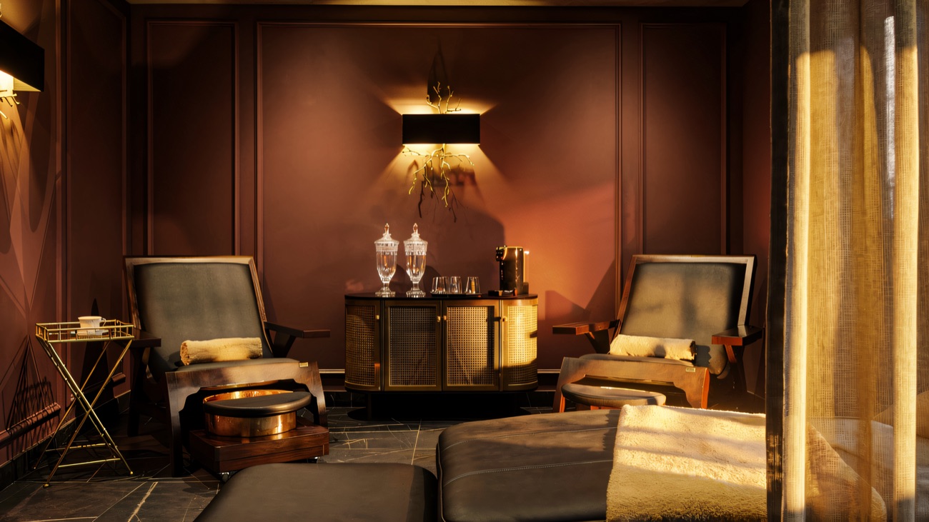 The relaxation room with reclining loungers, deep plum walls and low lamplight.