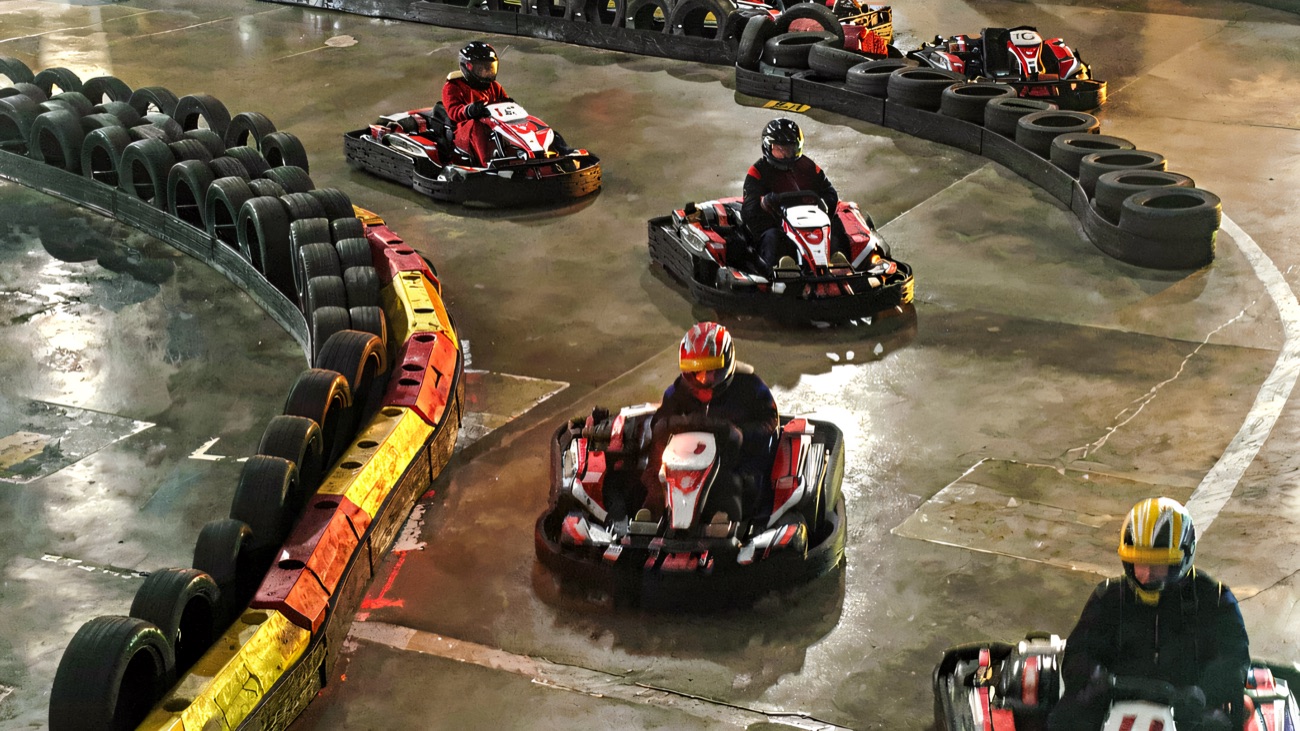 An overhead look at the indoor kart circuit at Eddie Irvine Sports