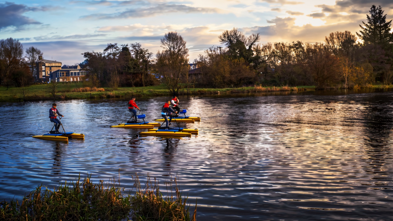 Pedalling the hydrobikes along the quiet river