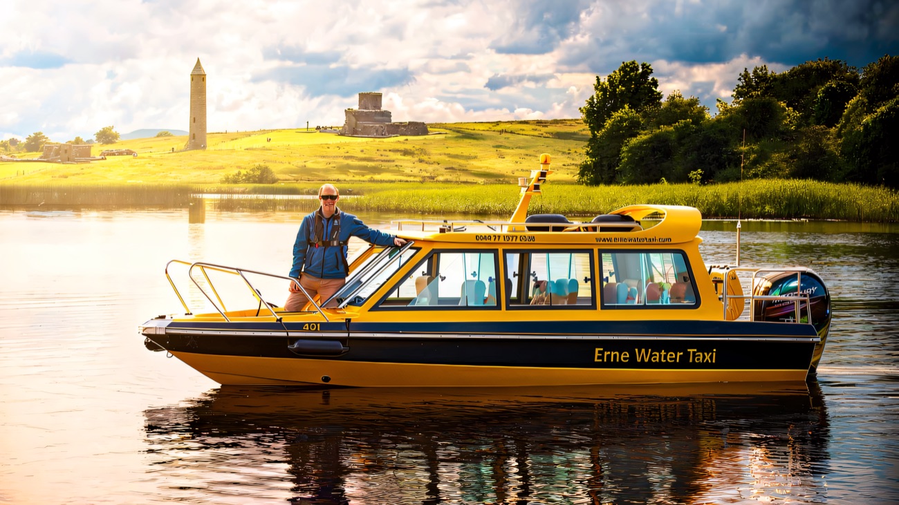 The bright yellow water taxi pauses on the lough with Devenish Island's round tower rising behind