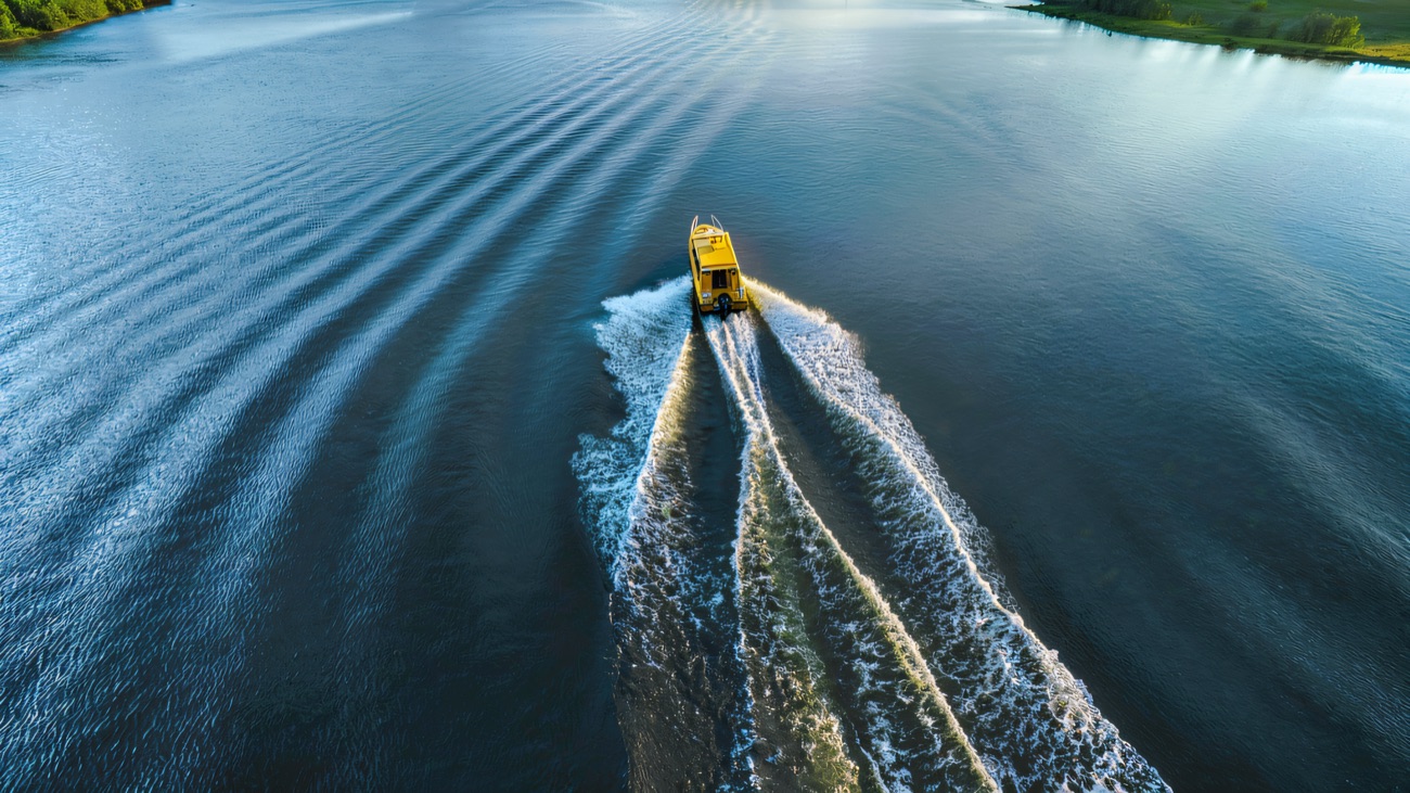 An aerial view of the taxi cutting a long white wake across the wide open lough