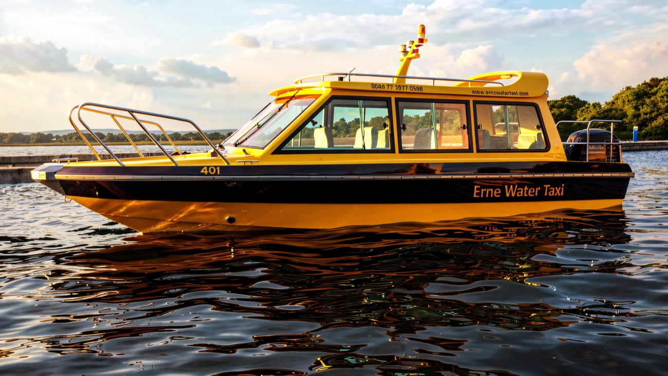 The yellow Erne Water Taxi side-on, mirrored in the calm water of the lough