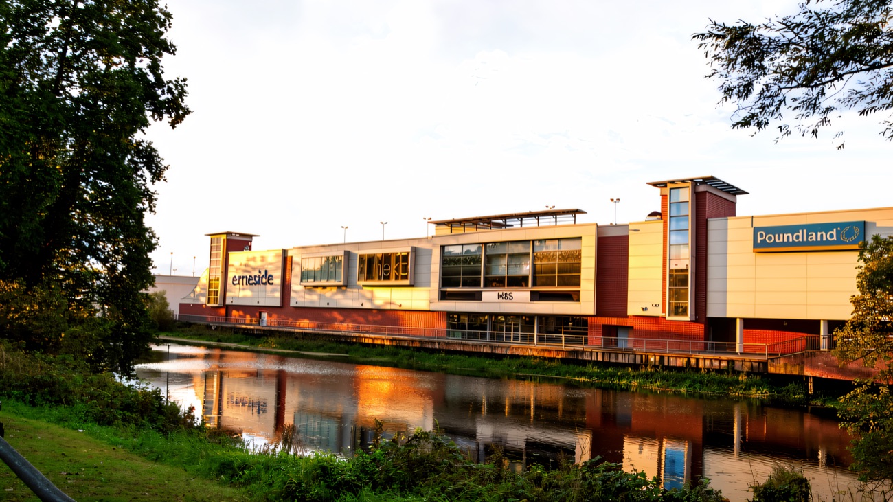 Erneside's long riverside elevation reflected in the still water of the Erne