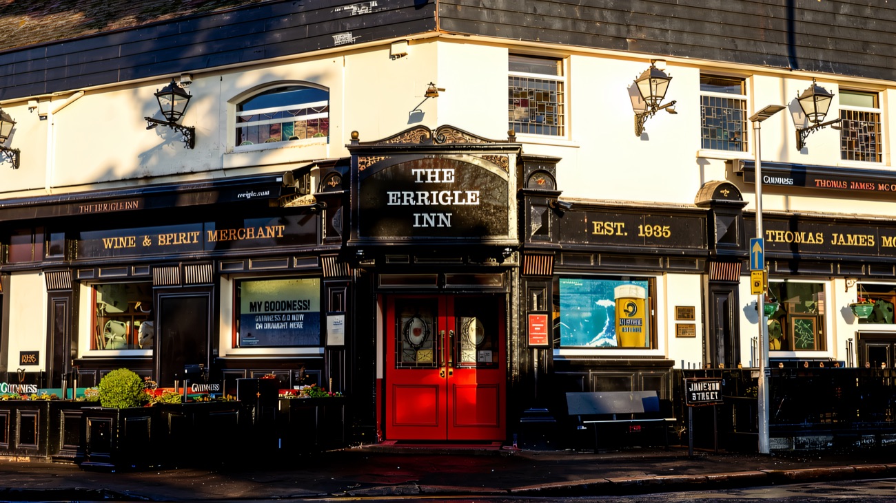 The Errigle Inn frontage on the Ormeau Road on a bright day