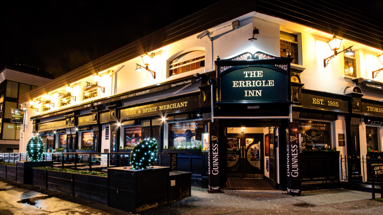 The pub exterior lit up after dark
