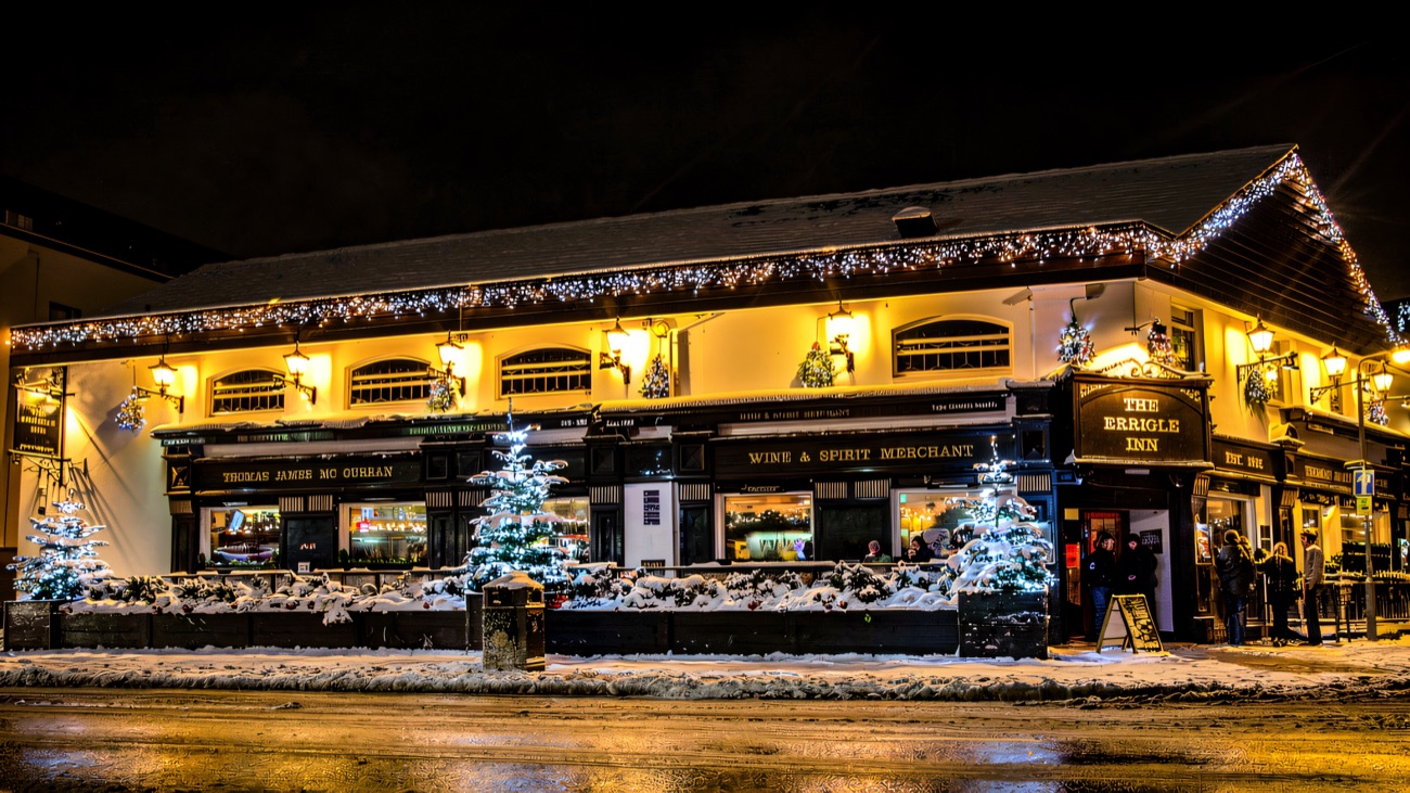 Snow on the street outside the Errigle on a winter evening