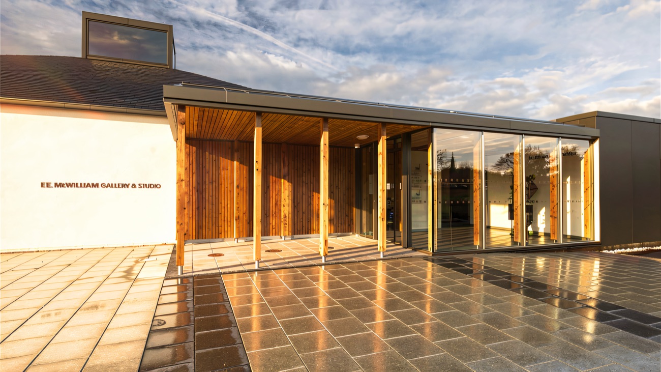The timber-clad entrance portico of the gallery