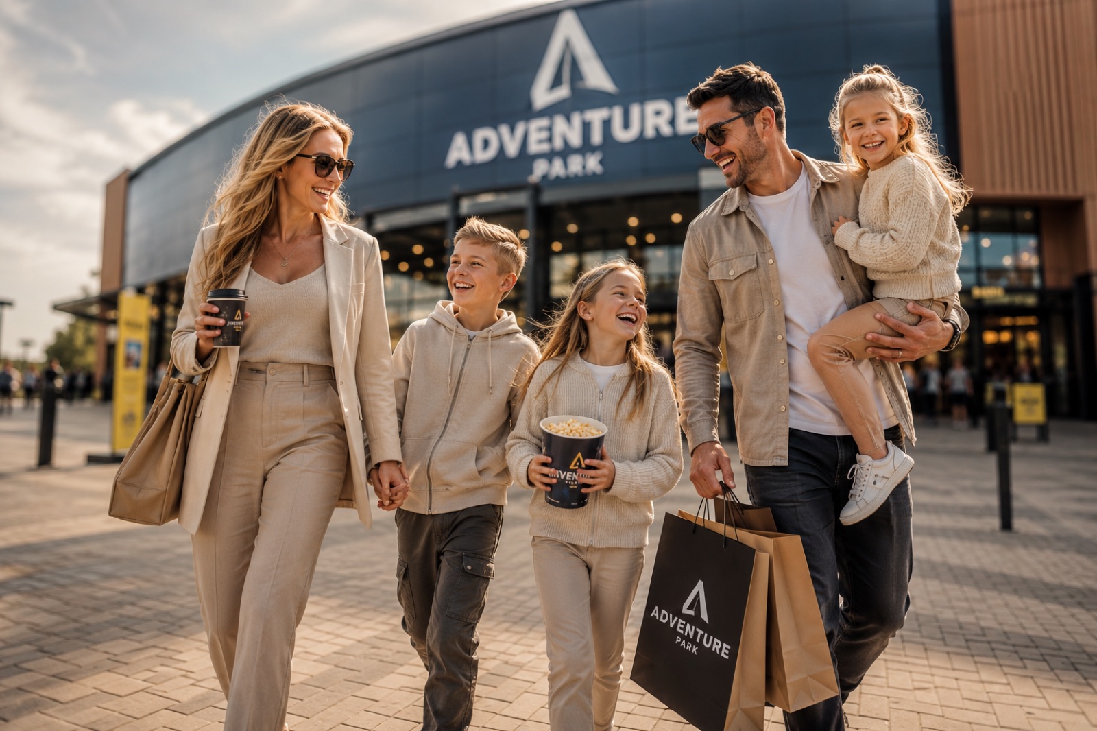 A happy family arriving at an adventure park, coffee and popcorn in hand