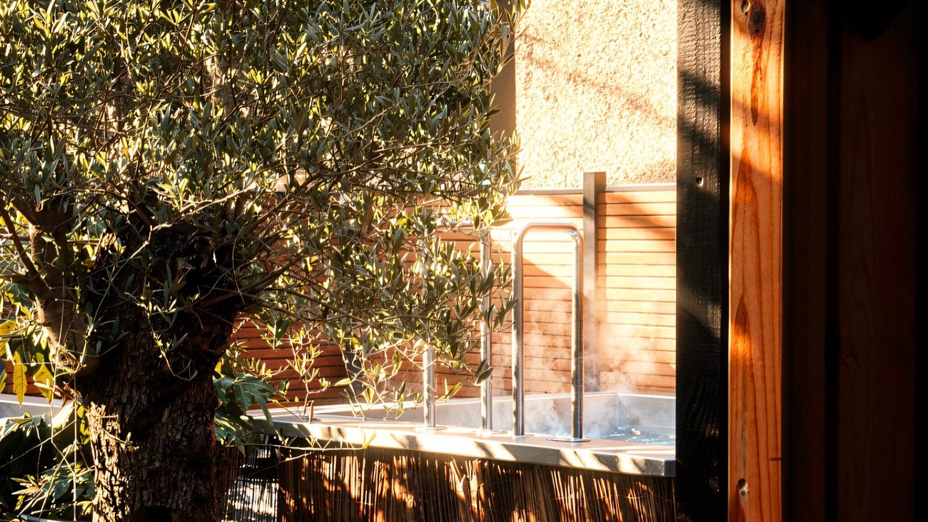 The plunge pool tucked in beside the planting