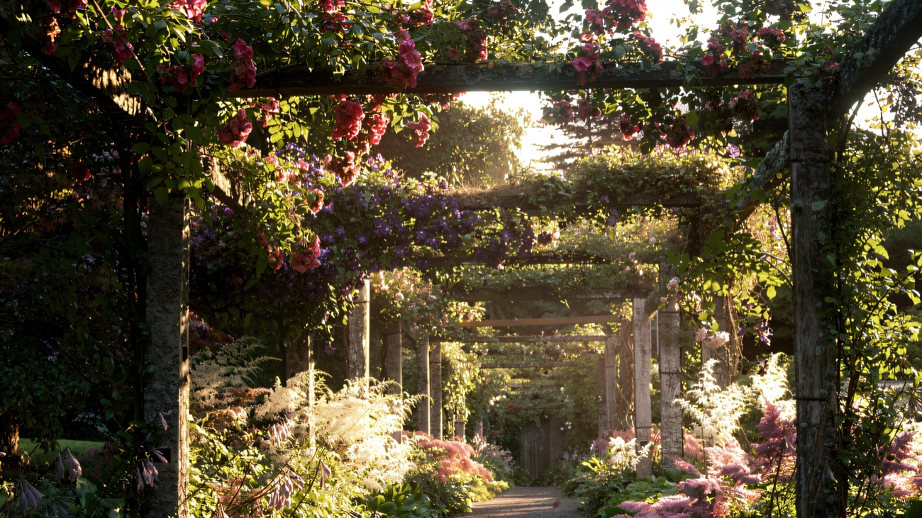 A rose-covered timber pergola walk in the walled garden at Florence Court, banked with pink and purple flowers