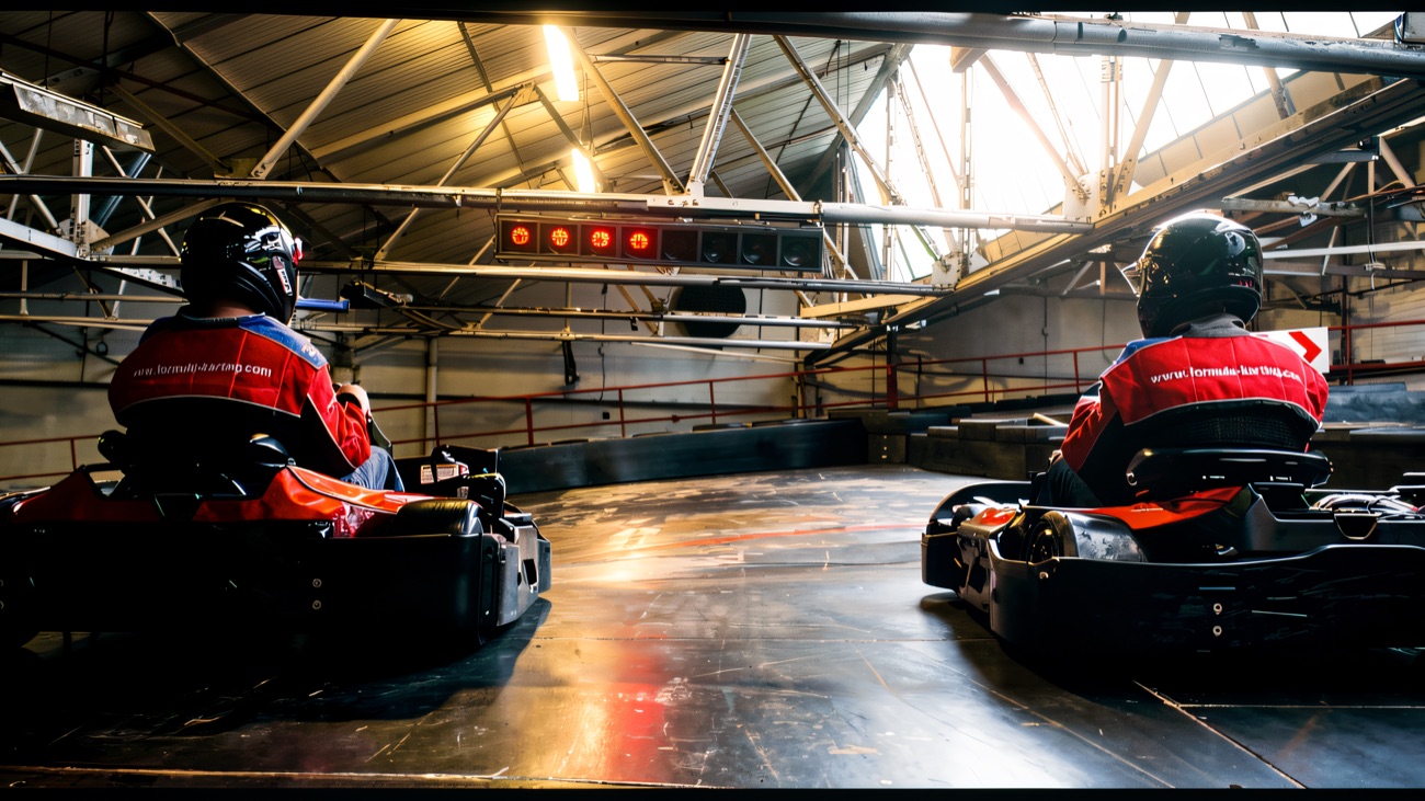 Two karts sitting under the start lights, waiting for green