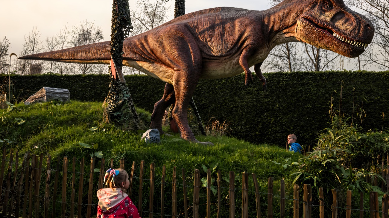 A large model dinosaur on the outdoor dinosaur trail with children looking on from behind a fence