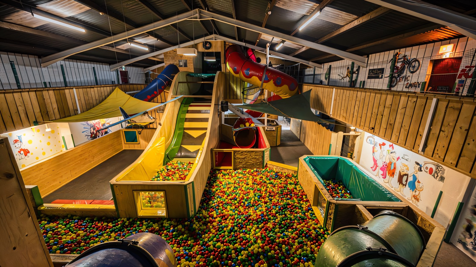 The huge indoor soft-play barn at Fort Evergreen with dragon slides, a big ball pool and tube slides under a timber roof