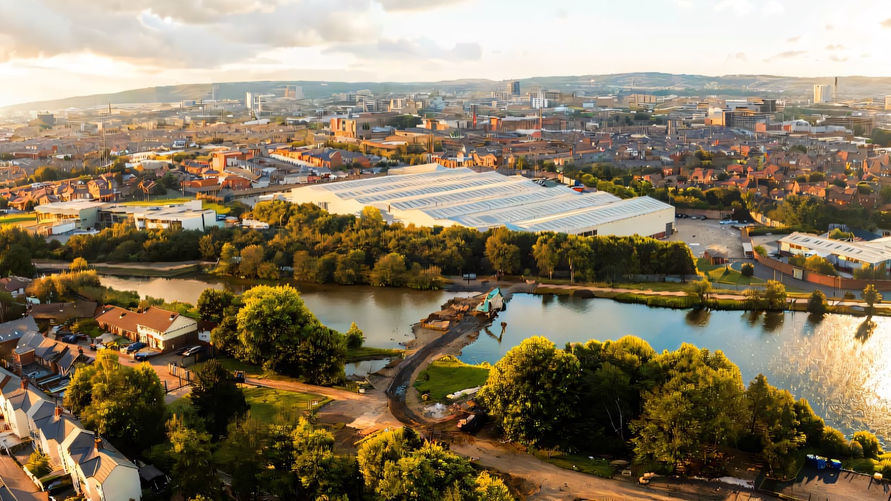 An aerial of the wetland reserve set against the Belfast skyline