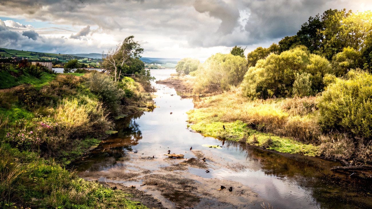 A quiet Foyle backwater opens toward the hills of the valley