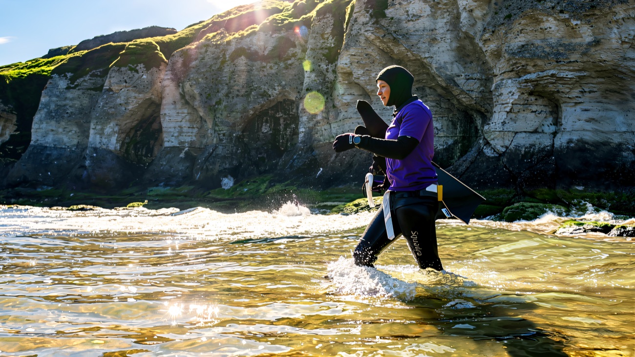 A freediver in wetsuit and hood wading out through the shallows below the cliffs, fins in hand.