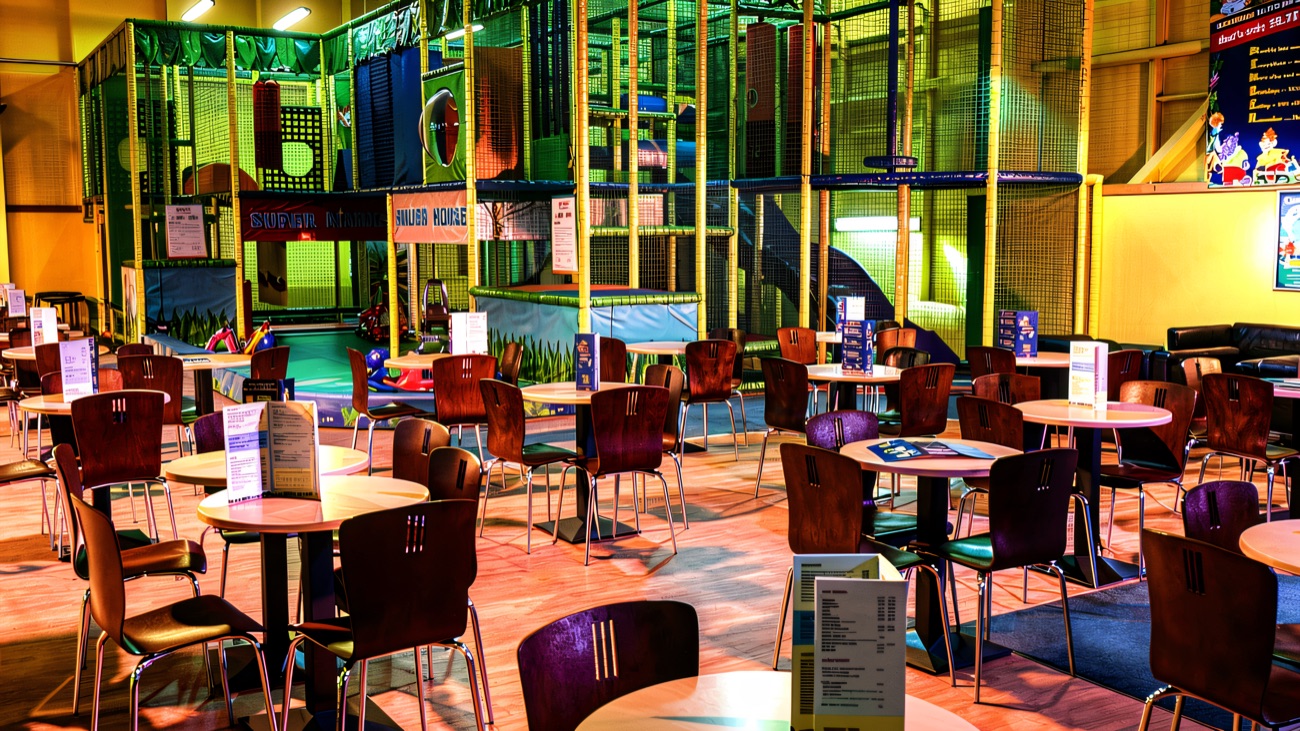 Café tables looking across to the netted play frame and toddler area