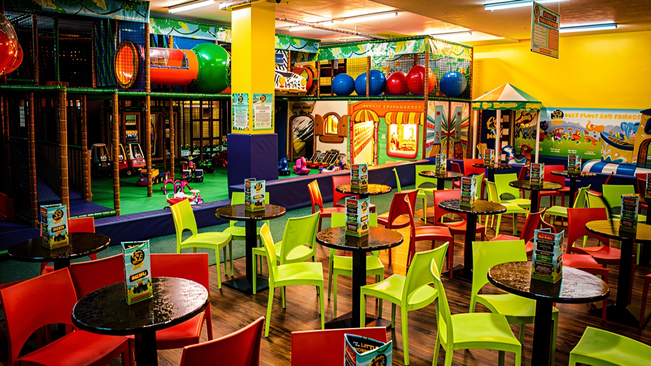 Bright cafe seating looking across to the play frame and pretend shops