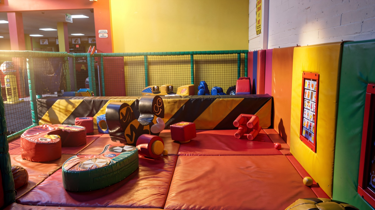 Padded toddler area with soft shapes and a low yellow barrier