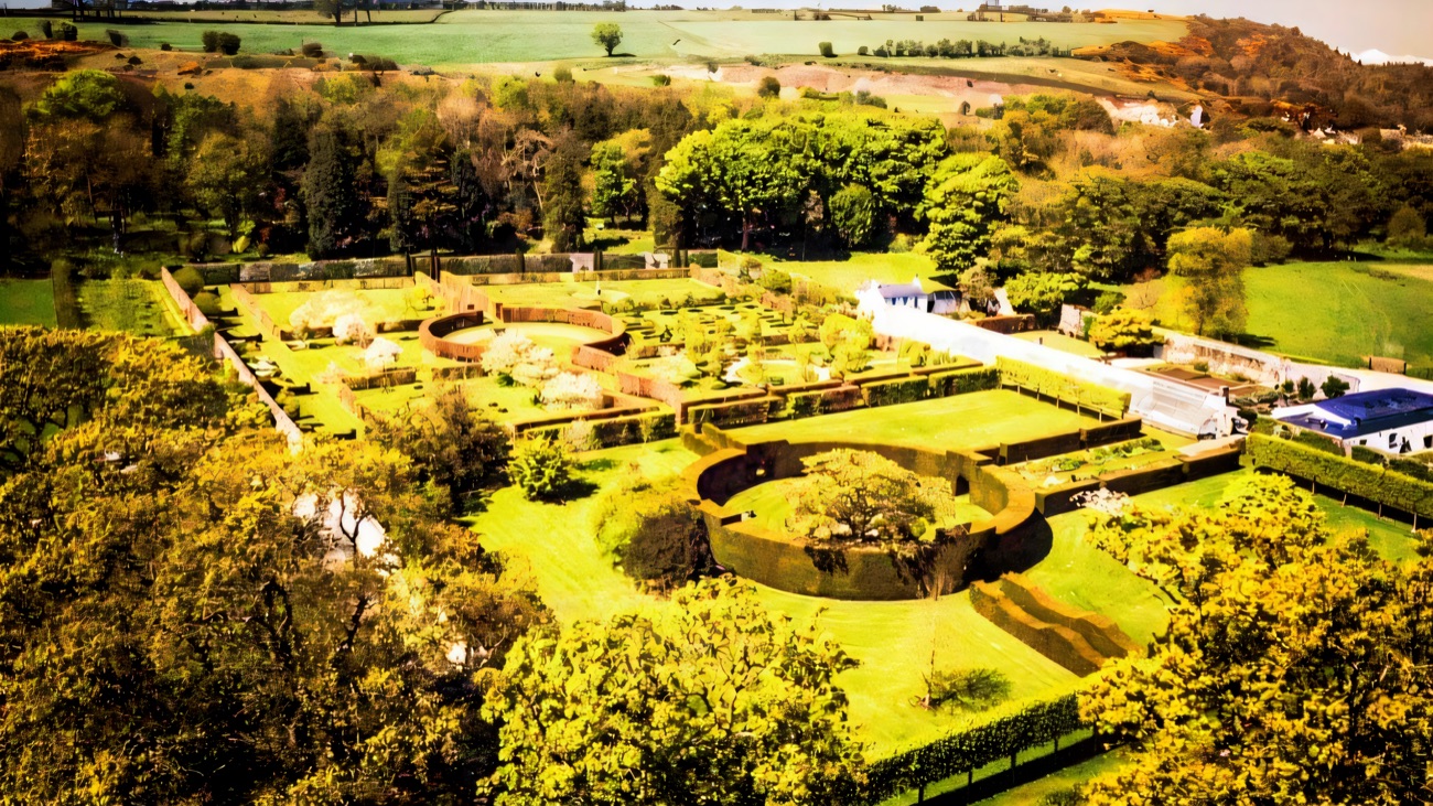 The Glenarm walled garden from above, with clipped hedge beds and mixed borders