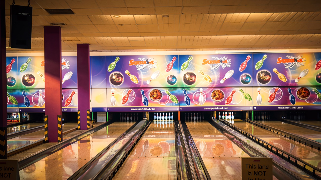 The bowling lanes lit up and ready to play