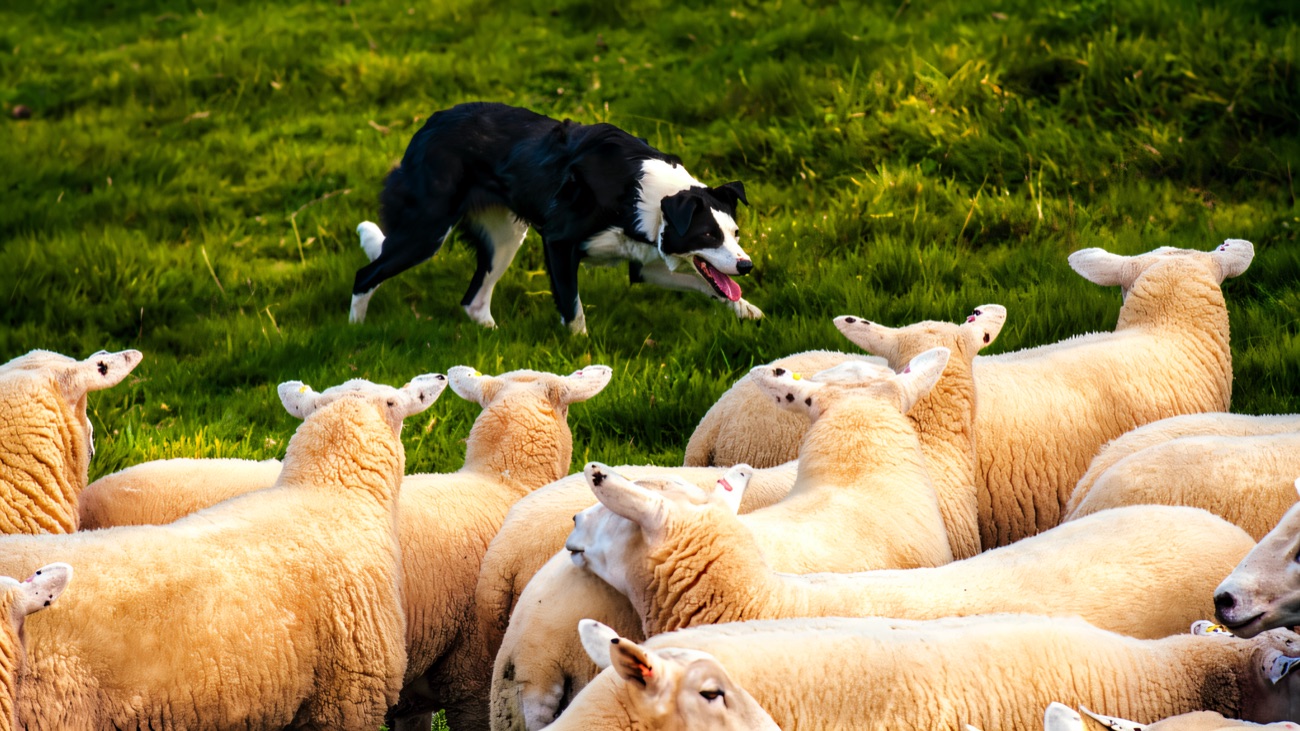 A black-and-white border collie crouched low, working a flock of sheep across the grass