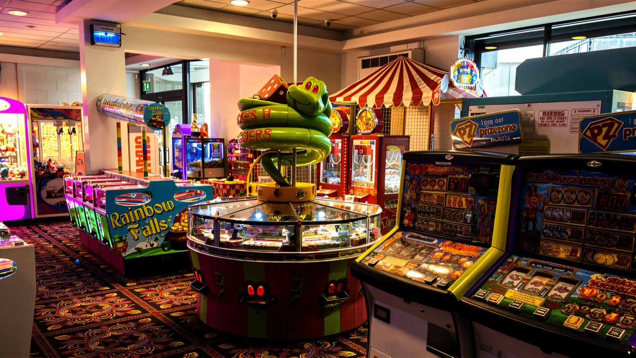 The amusement floor with coin pushers, claw machines and prize games