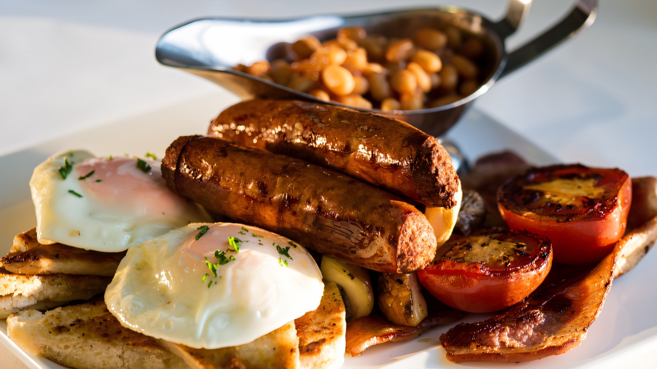 An Ulster fry plated up with soda and potato bread