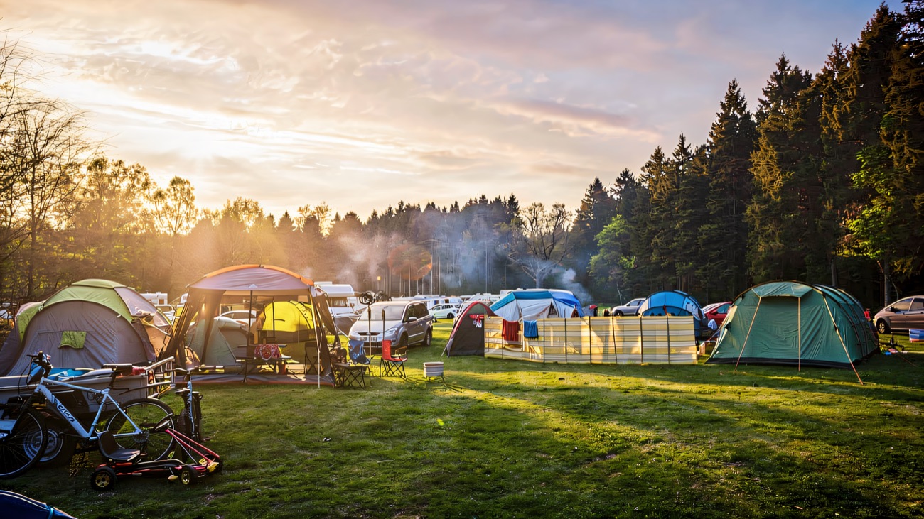 Tents pitched on the campsite field under a pink evening sky