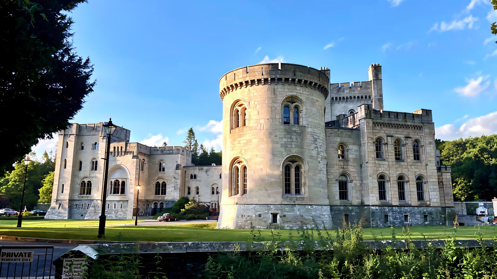 The vast grey Norman-revival Gosford Castle rising against a bright blue sky, its round tower and battlements above green lawns
