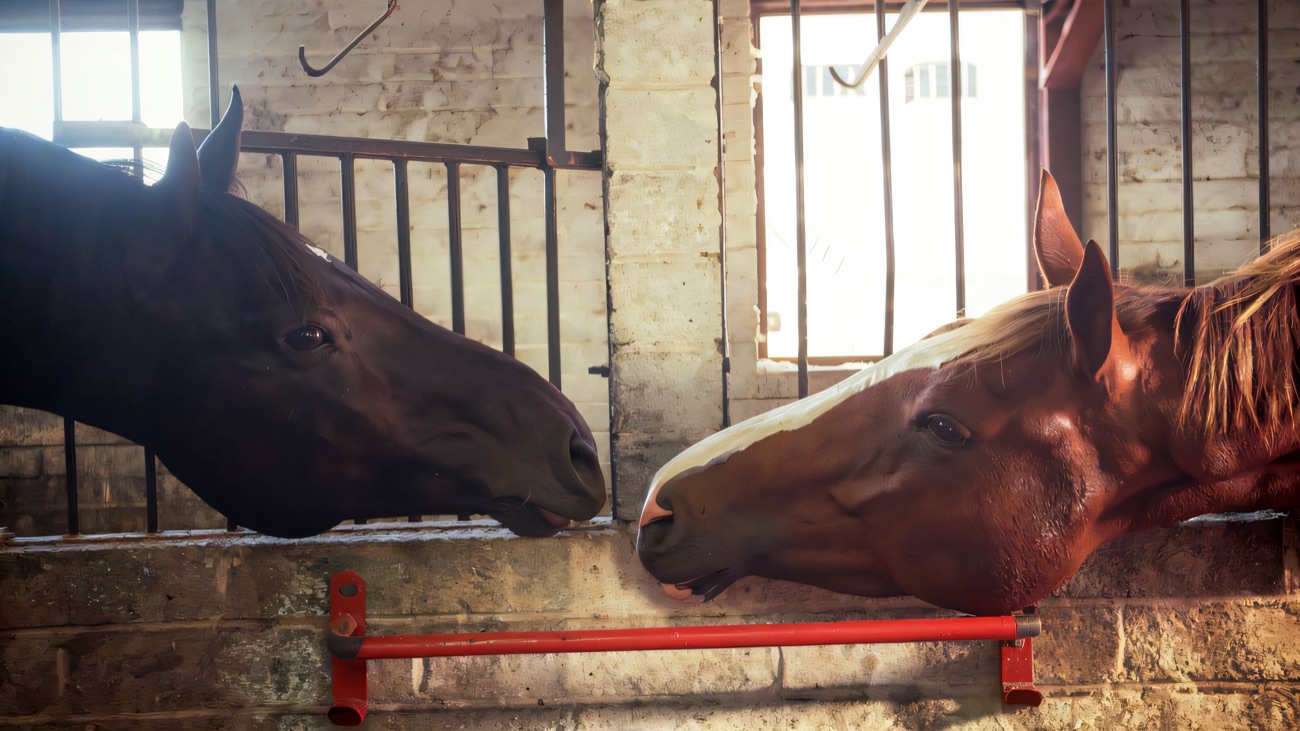 Two horses looking out over their stable doors