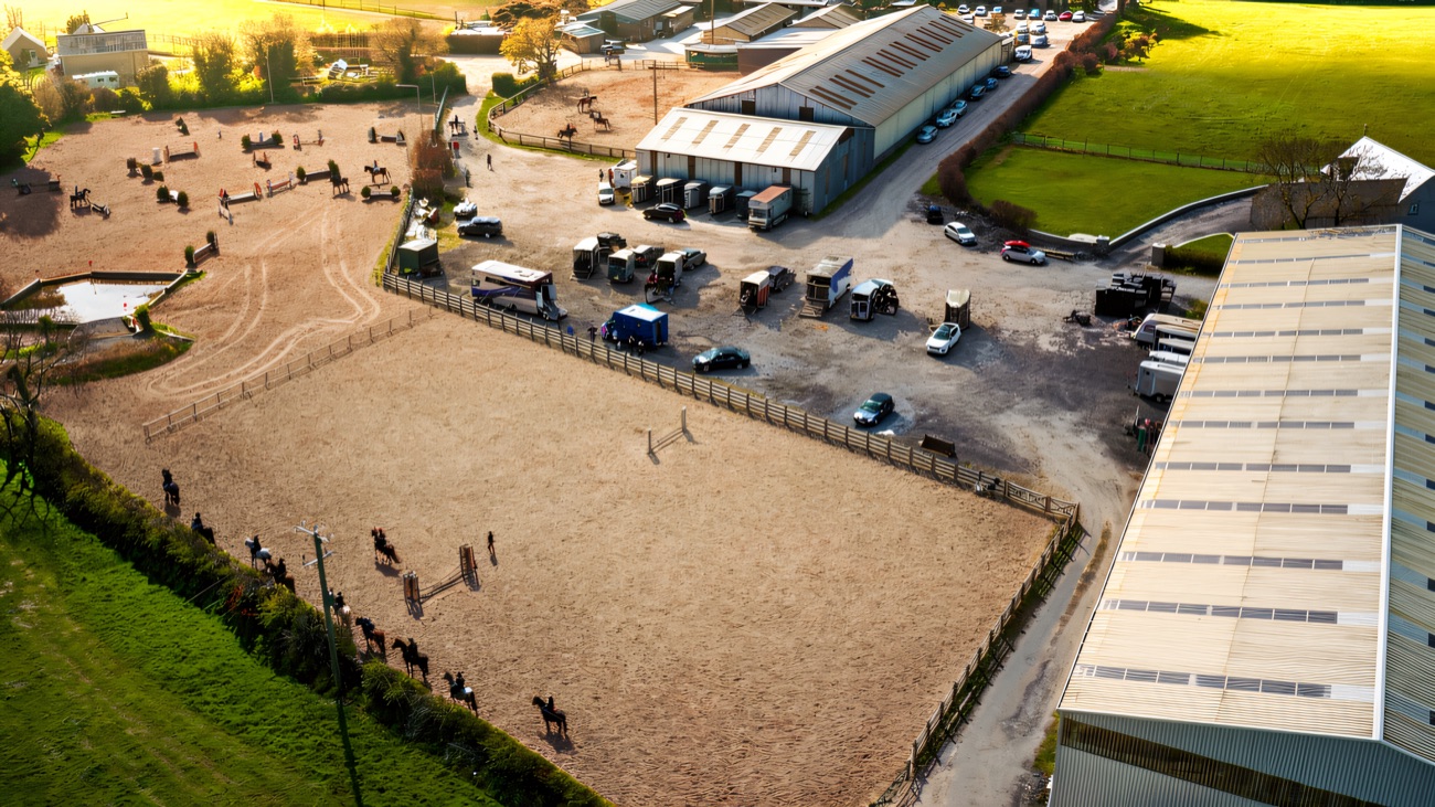 A bird's-eye view of the arenas, barns and yard
