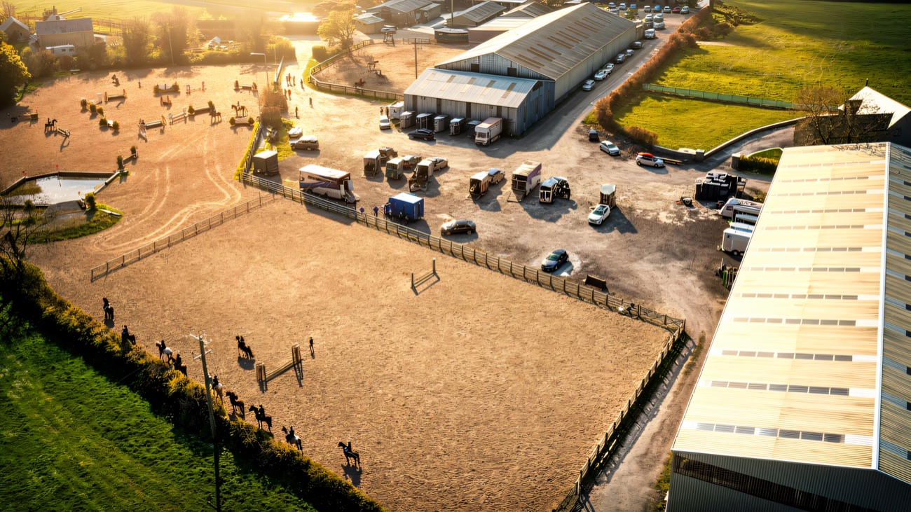 Aerial view of the yard, indoor school and outdoor arenas