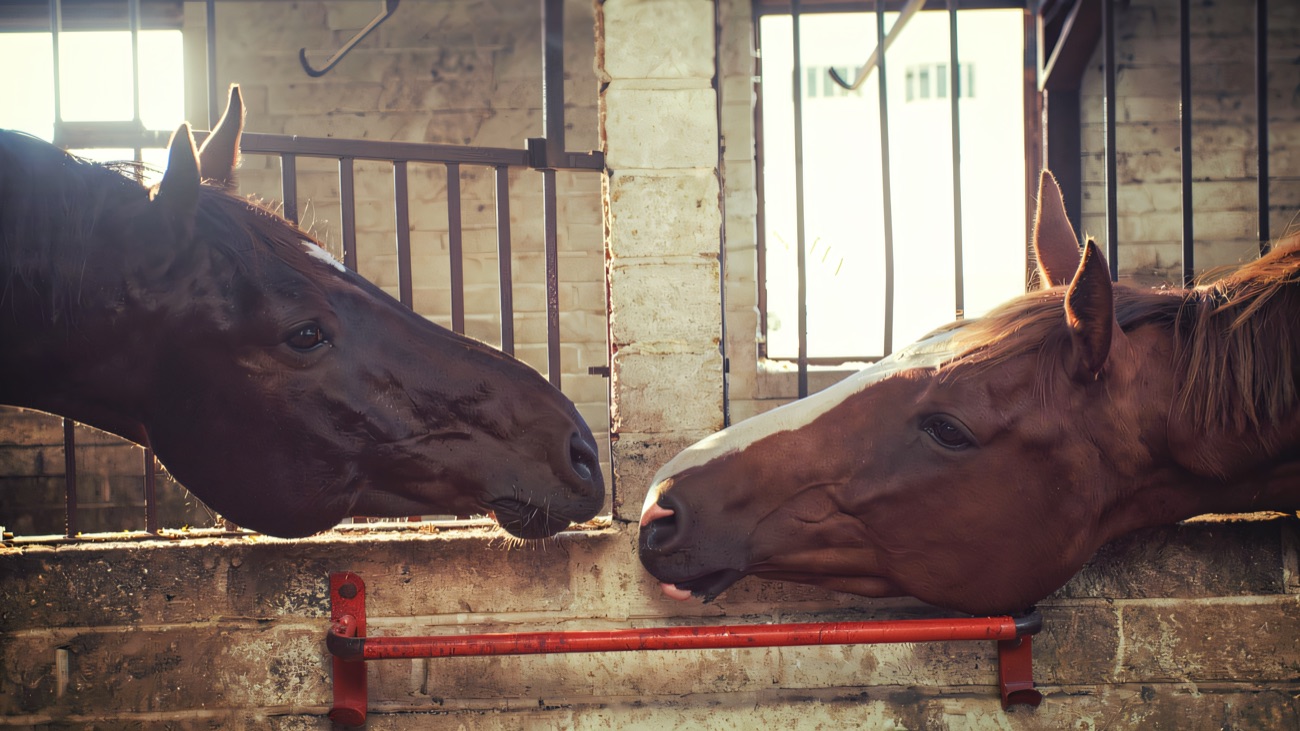 Two horses looking out over their stable doors