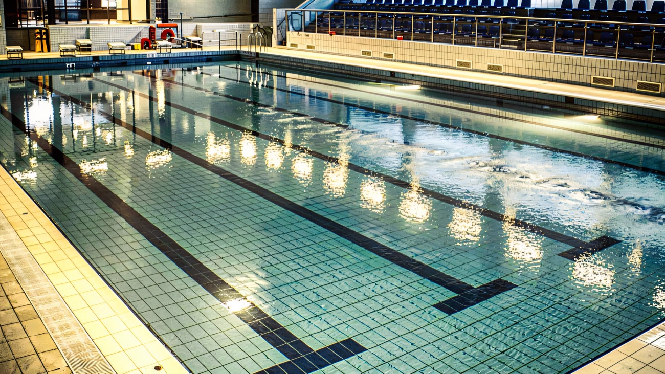 The tiled swimming pool at Orchard Leisure Centre with poolside seating