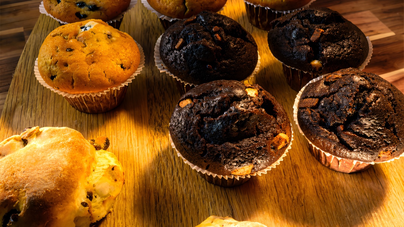 Freshly baked muffins and fruit scones on the café counter