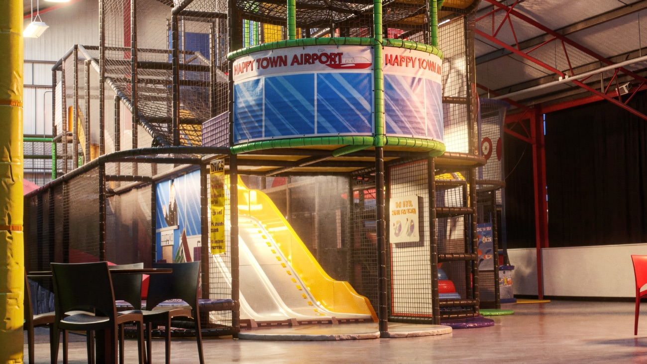 The Happy Town Airport tower with its wide orange slide