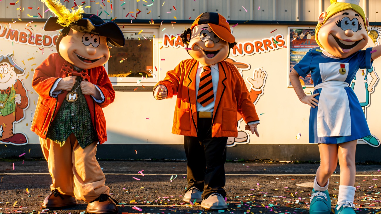The Happy Town mascot characters outside the building under falling confetti