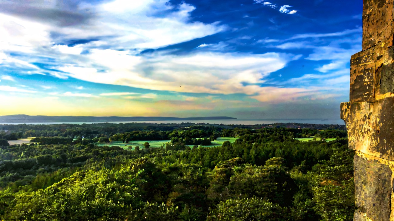 The view from Helen's Tower out across County Down countryside towards Belfast Lough