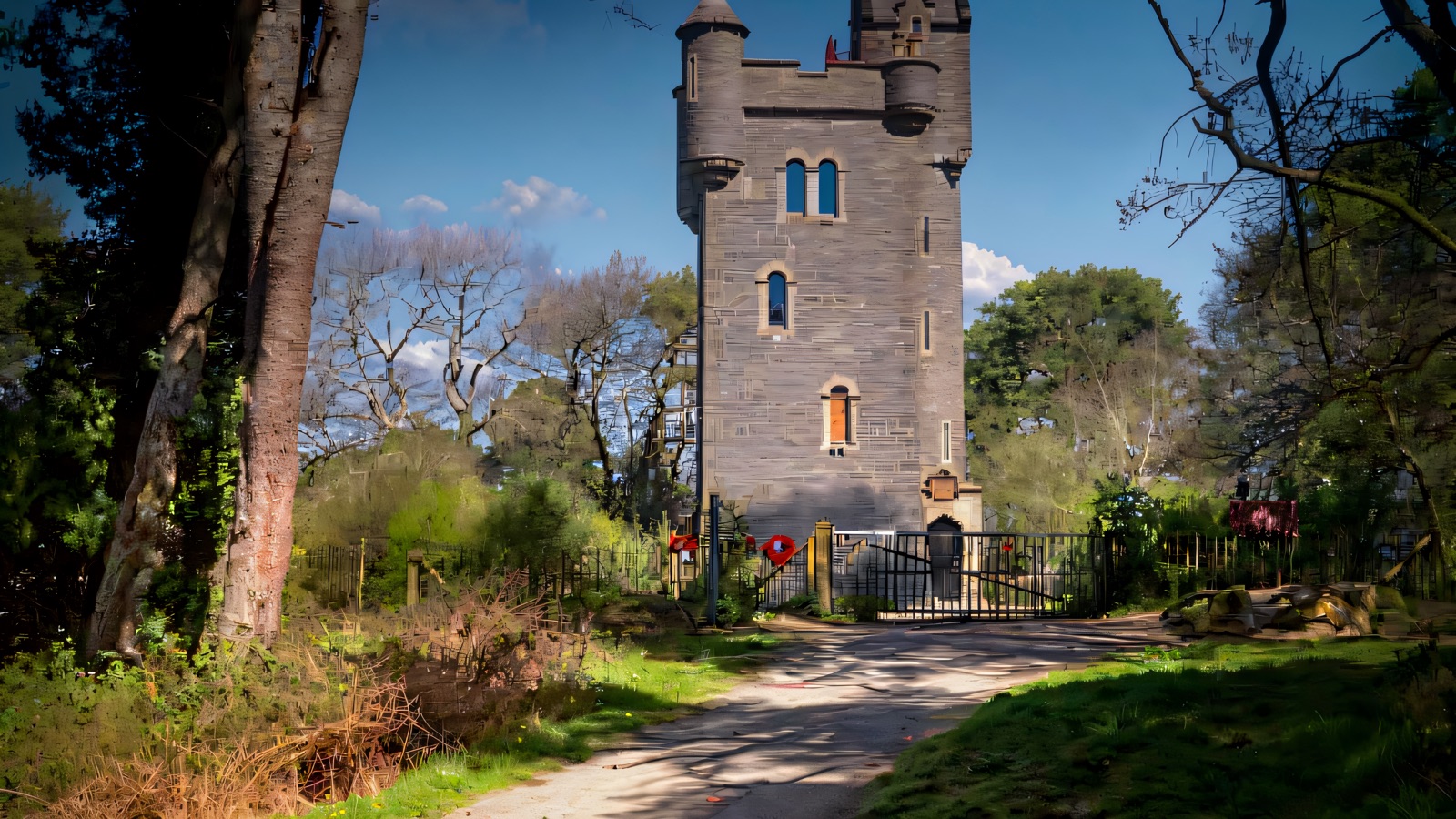 Helen's Tower rising above the wooded approach path on the Clandeboye Estate